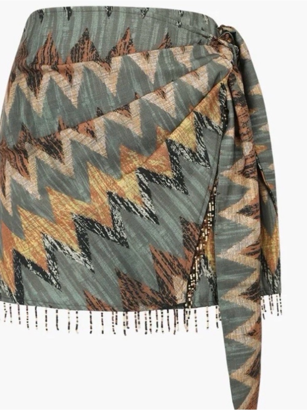 Micas Green Geometric Wrap Sarong Skirt Beaded Tassel Trim NWT Large
